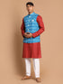 Vastramay Men's Turquoise Cotton Nehru Jacket With Maroon Kurta And Pant Set
